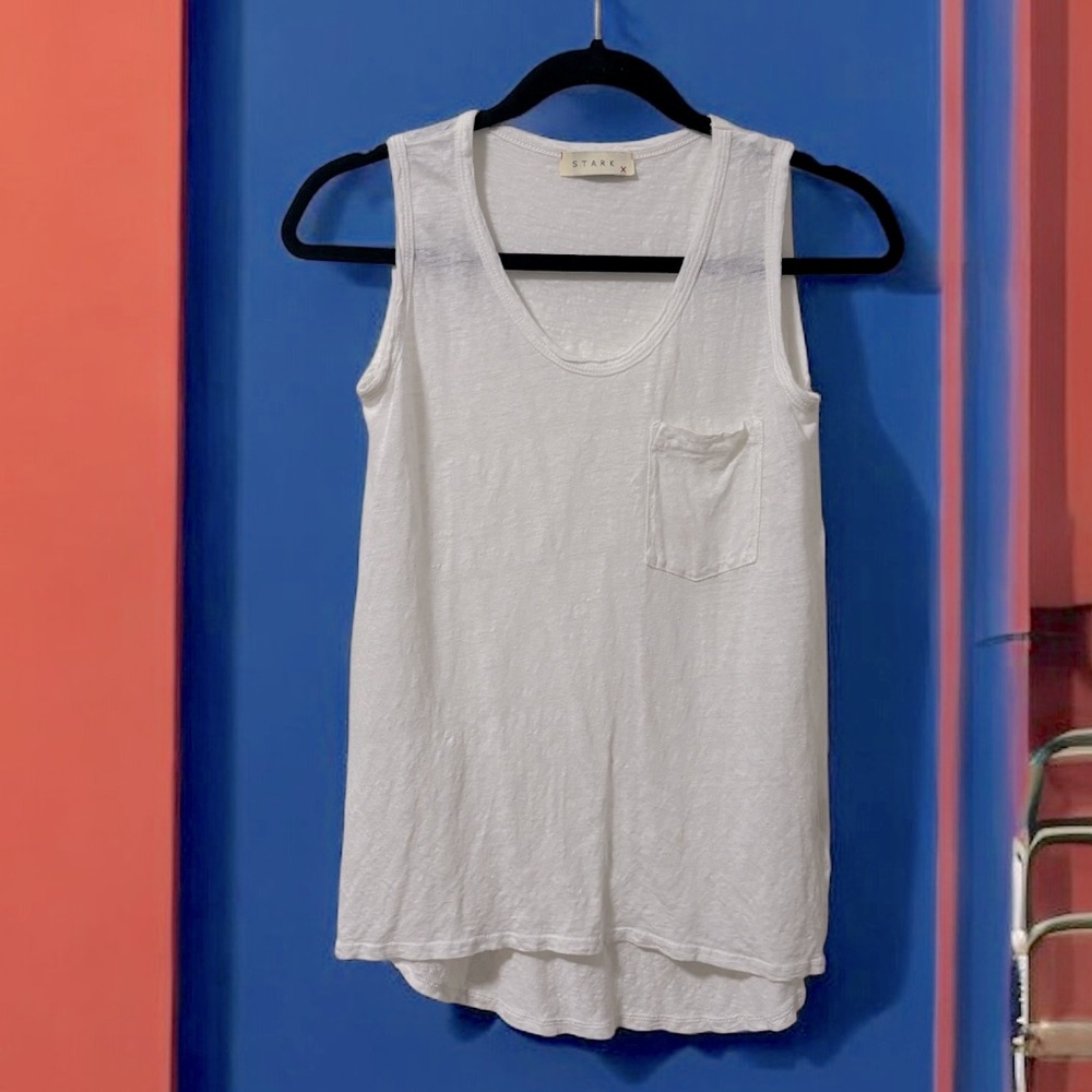 STARKx (XS) Linen Knit Pocket Tank White Rounded Neck Classic Loose Fit - XS